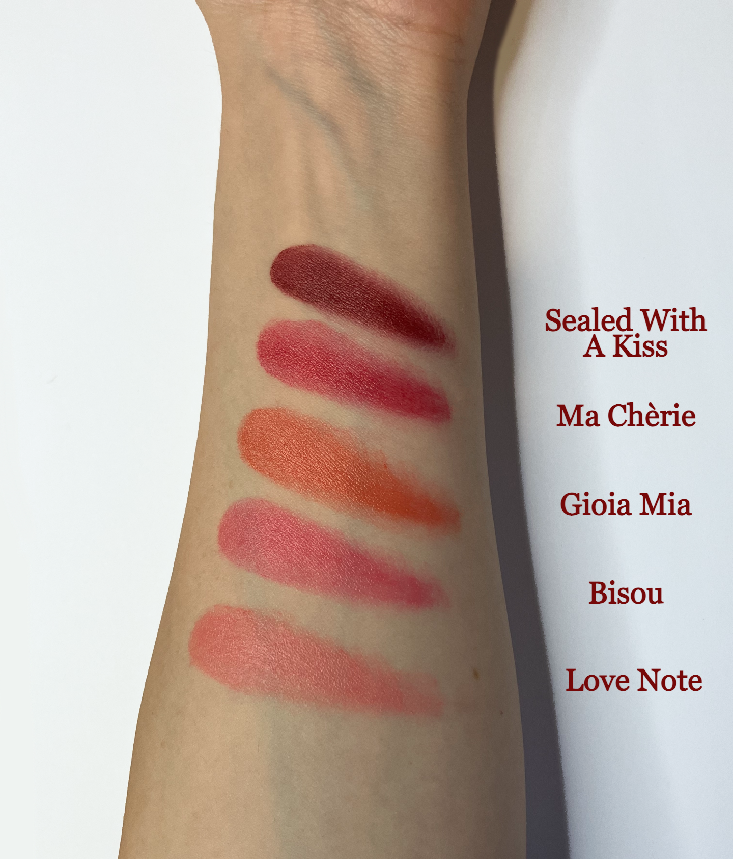 Premium cream blush collection by Velvet Cosmetics featuring 5 romantic shades from deep red to baby pink