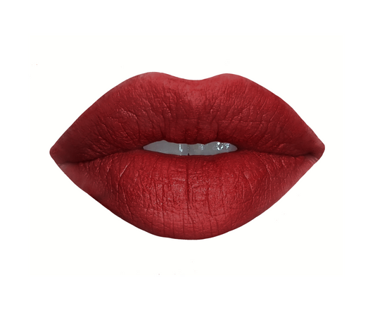 Handcrafted red satin lipstick swatch in shade "I am Divine" by Velvet Cosmetics