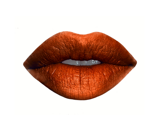 Burnt orange shimmer lipstick swatch in shade "I am Passionate" by Velvet Cosmetics