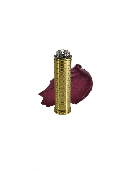 Vintage brass lipstick container with burgundy shimmer lipstick in shade "I am Confident" by Velvet Cosmetics