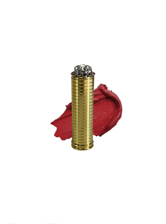 Gorgeous Brass lipstick packaging with retro red satin lipstick swatch in shade "I am Divine", hand made by Velvet Cosmetics