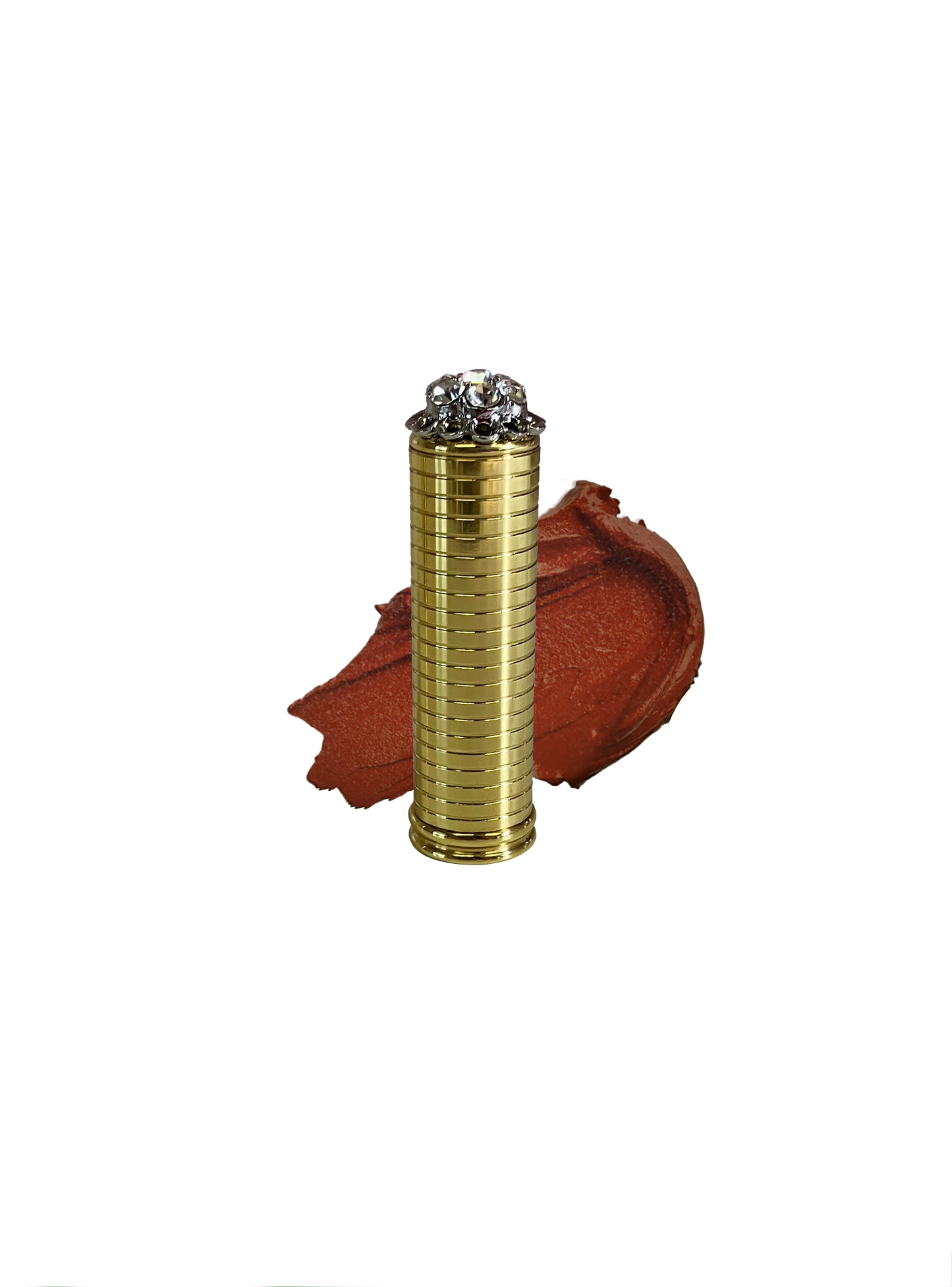 Vintage inspired brass lipstick tube with crystal adornment and a burnt orange shimmer lipstick in shade "I am Passionate" by Velvet Cosmetics