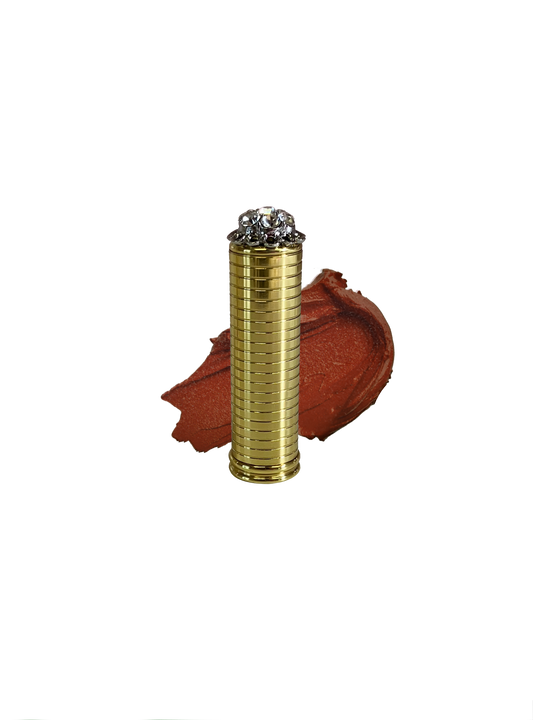 Vintage inspired brass lipstick tube with crystal adornment and a burnt orange shimmer lipstick in shade "I am Passionate" by Velvet Cosmetics