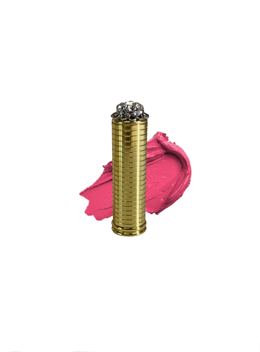 Metal vintage lipstick tube with pink lipstick swatch in shade "O So Pink" by Velvet Cosmetics, inspired by Jackie O's favorite lipstick