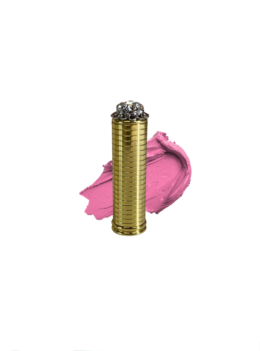 Vintage style brass lipstick tube with Barbie inspired pink satin lipstick swatch by Velvet Cosmetics