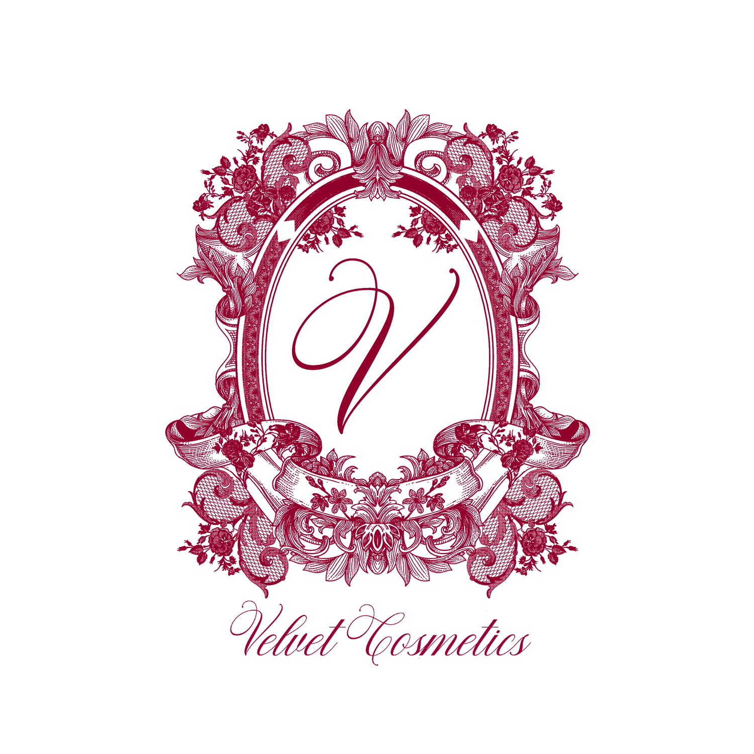 Velvet Cosmetics logo with stylized 'V' and vintage floral elements on white background