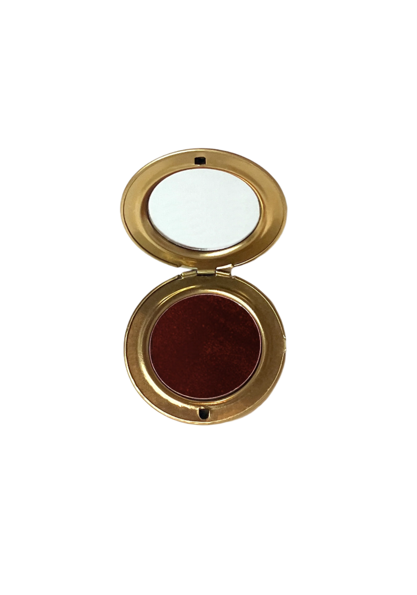 Premium gold metal compact with mirror with creamy wine blush in shade "Sealed With a Kiss" hand made by Velvet Cosmetics