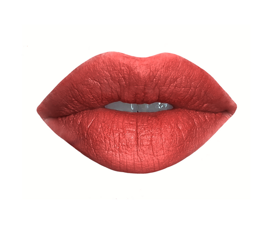 Handcrafted peachy red satin lipstick swatch in shade "I am Successful" by Velvet Cosmetics