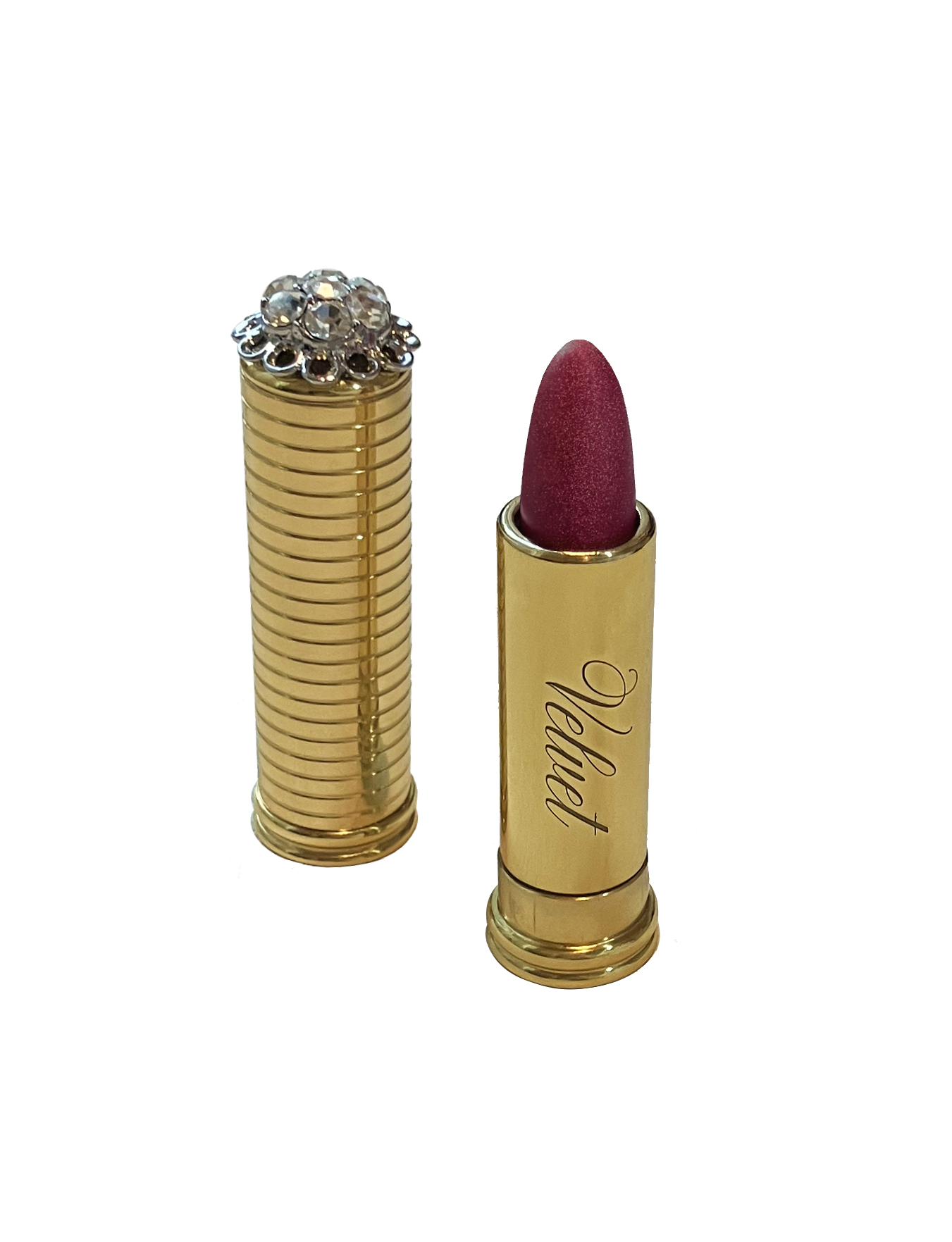 Vintage burgundy shimmer lipstick in shade "I am Confident" by Velvet Cosmetics