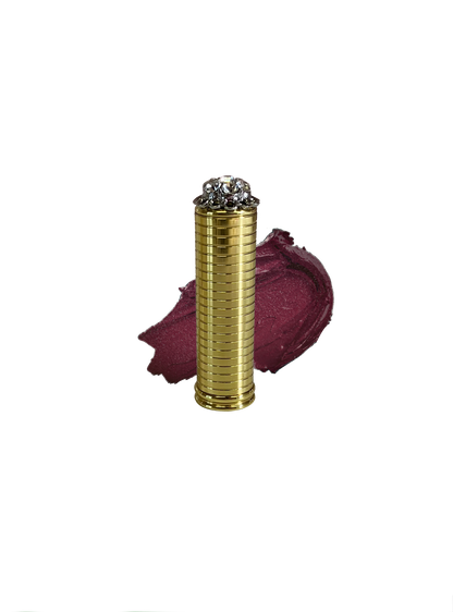 Vintage brass lipstick container with burgundy shimmer lipstick in shade "I am Confident" by Velvet Cosmetics
