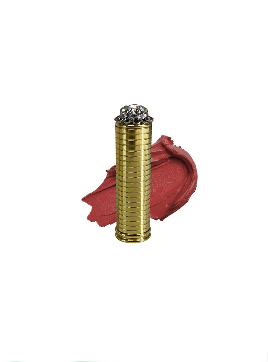 Vintage metal lipstick case with peach red lipstick swatch in shade "I am Successful" by Velvet Cosmetics