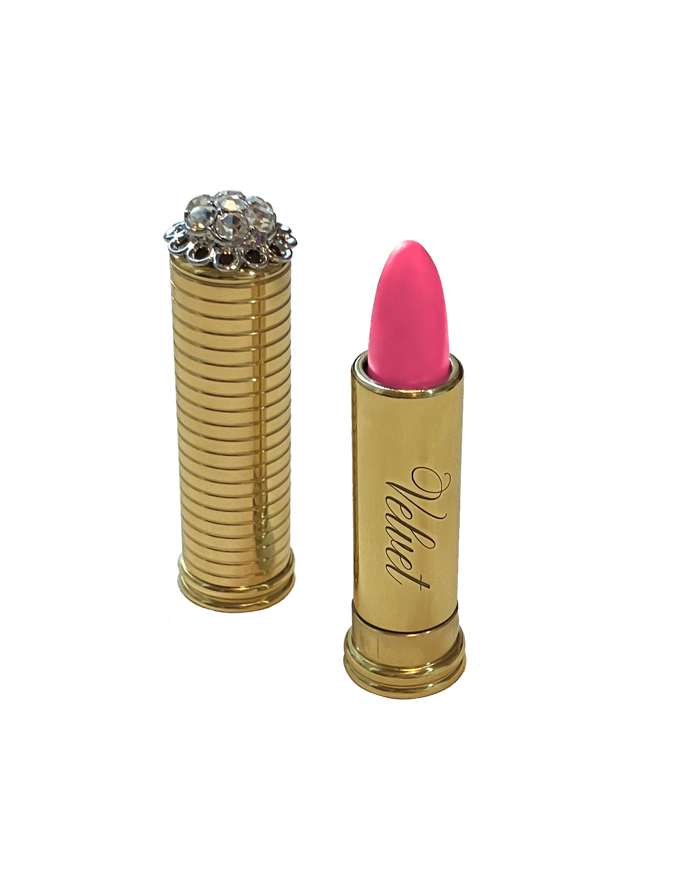 Vintage bright pink lipstick in shade "O So Pink" by Velvet Cosmetics, inspired by Jackie O's favorite lipstick, Cameo Pink.