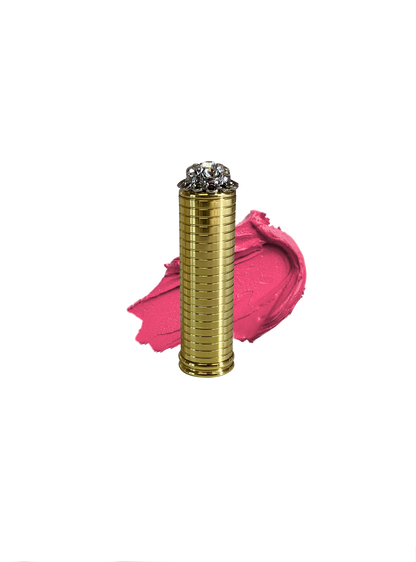 Metal vintage lipstick tube with pink lipstick swatch in shade "O So Pink" by Velvet Cosmetics, inspired by Jackie O's favorite lipstick
