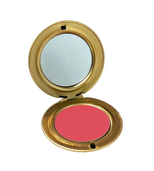 Velvet Cosmetics vintage pink cream blush in shade "Bisou", flattering buildable color in gold retro compact