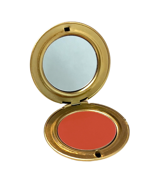 "Gioia Mia" a peachy cream blush shade from Velvet Cosmetics in luxury vintage packaging, gold plated aluminum with mirror