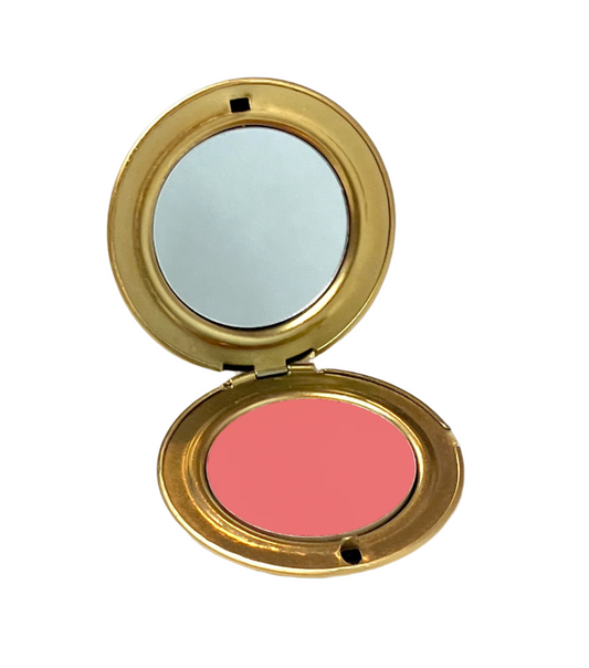 Retro baby pink cream blush in shade "Love Note", vintage inspired aluminum compact, soft buildable formula by Velvet Cosmetics