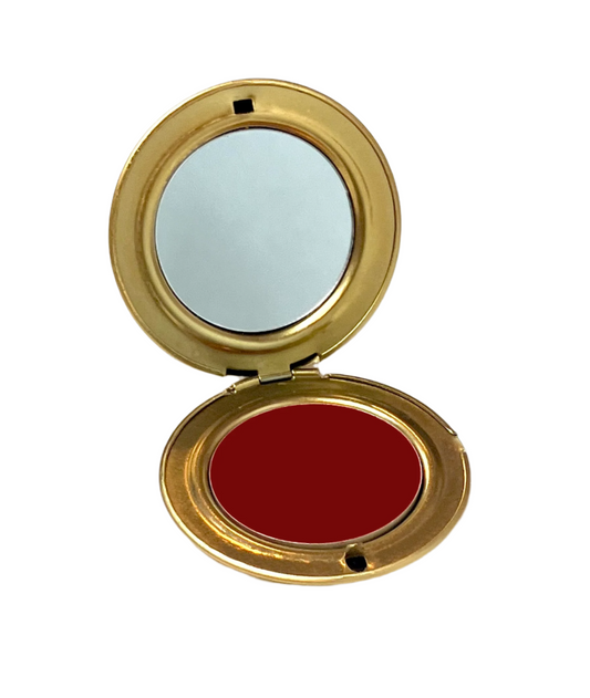 Gold metal compact with mirror and cream red blush in the shade "Ma Cherie", handcrafted by Velvet Cosmetics
