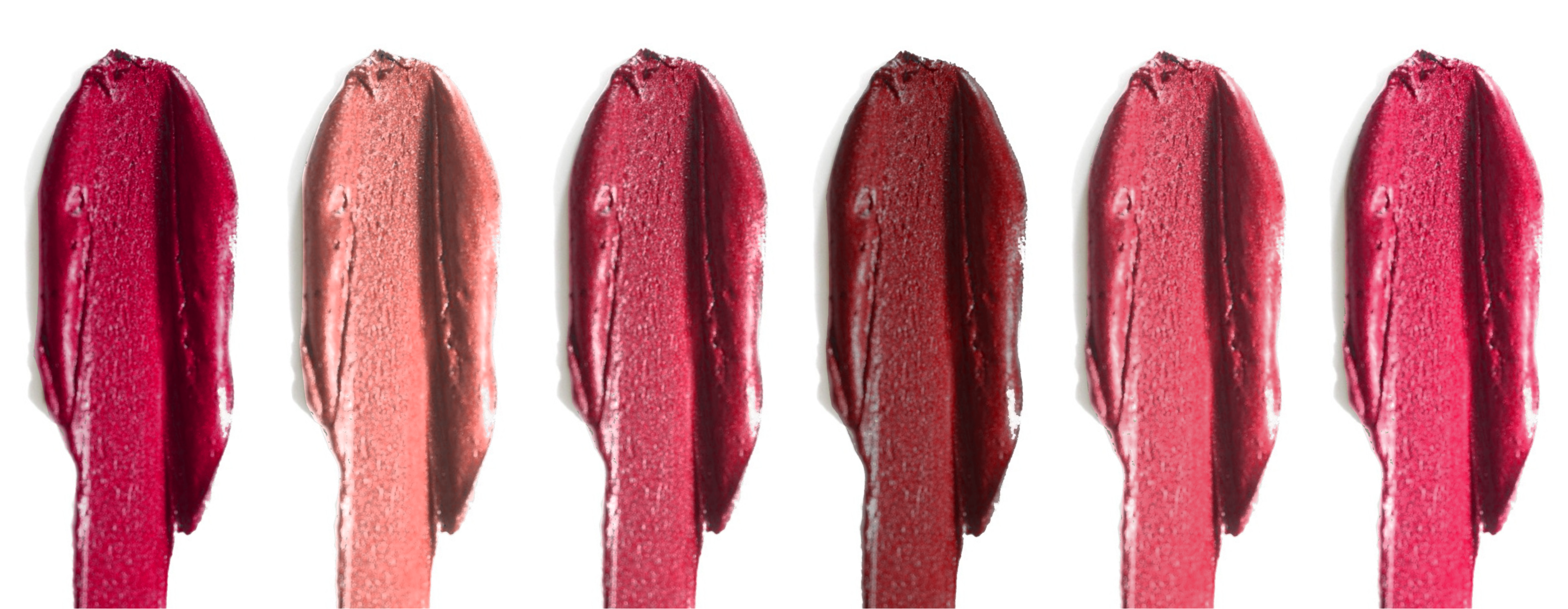 Velvet Cosmetics Luxury Lipstick Collection swatched on a white background, showcasing 6 shades from warm peach to deep red and bright pink