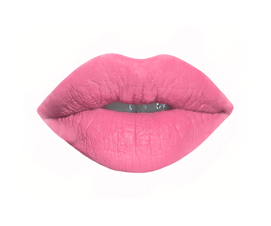 Barbie inspired pink lipstick swatch in the shade "The Doll", handcrafted by Velvet Cosmetics with a satin finish