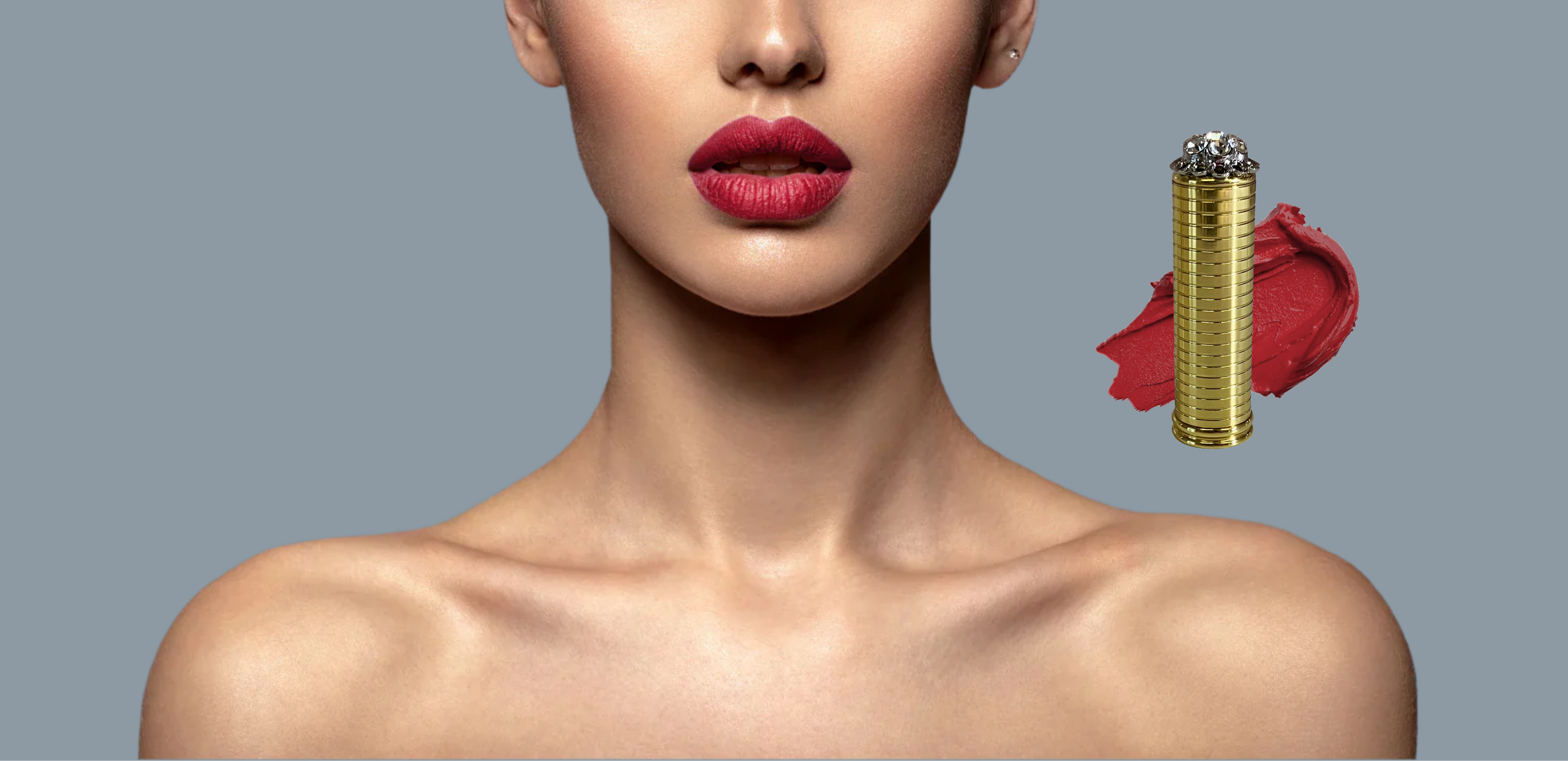 Woman wearing vintage inspired red lipstick in the shade "I am Divine" by Velvet Cosmetics. There is a brass  lipstick case on a blue background
