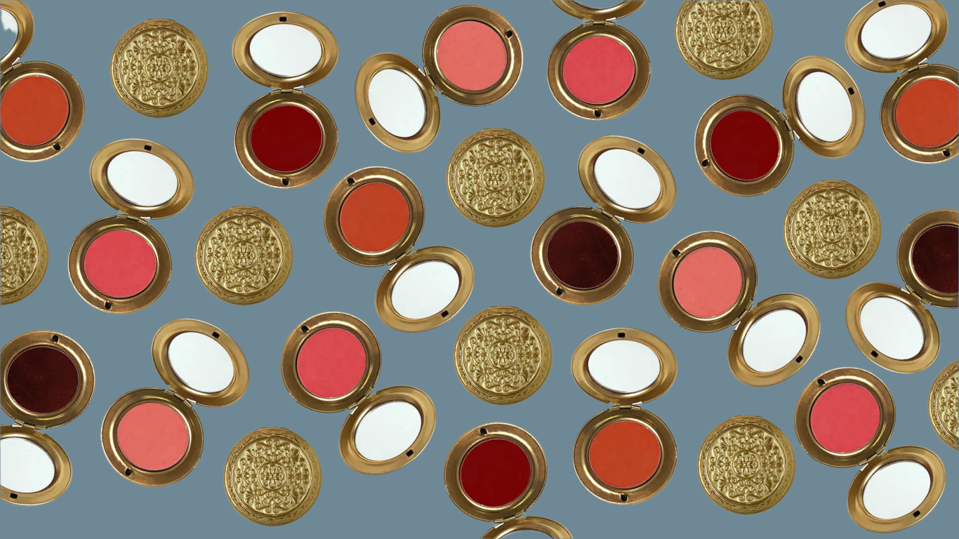 Velvet Cosmetics vintage inspired gold compact cream blushes with mirror in 5 flattering shades.